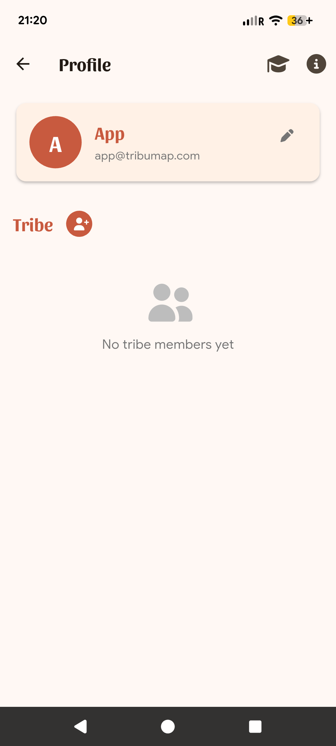 TribuMap profile screen — tap the info icon in the top right corner