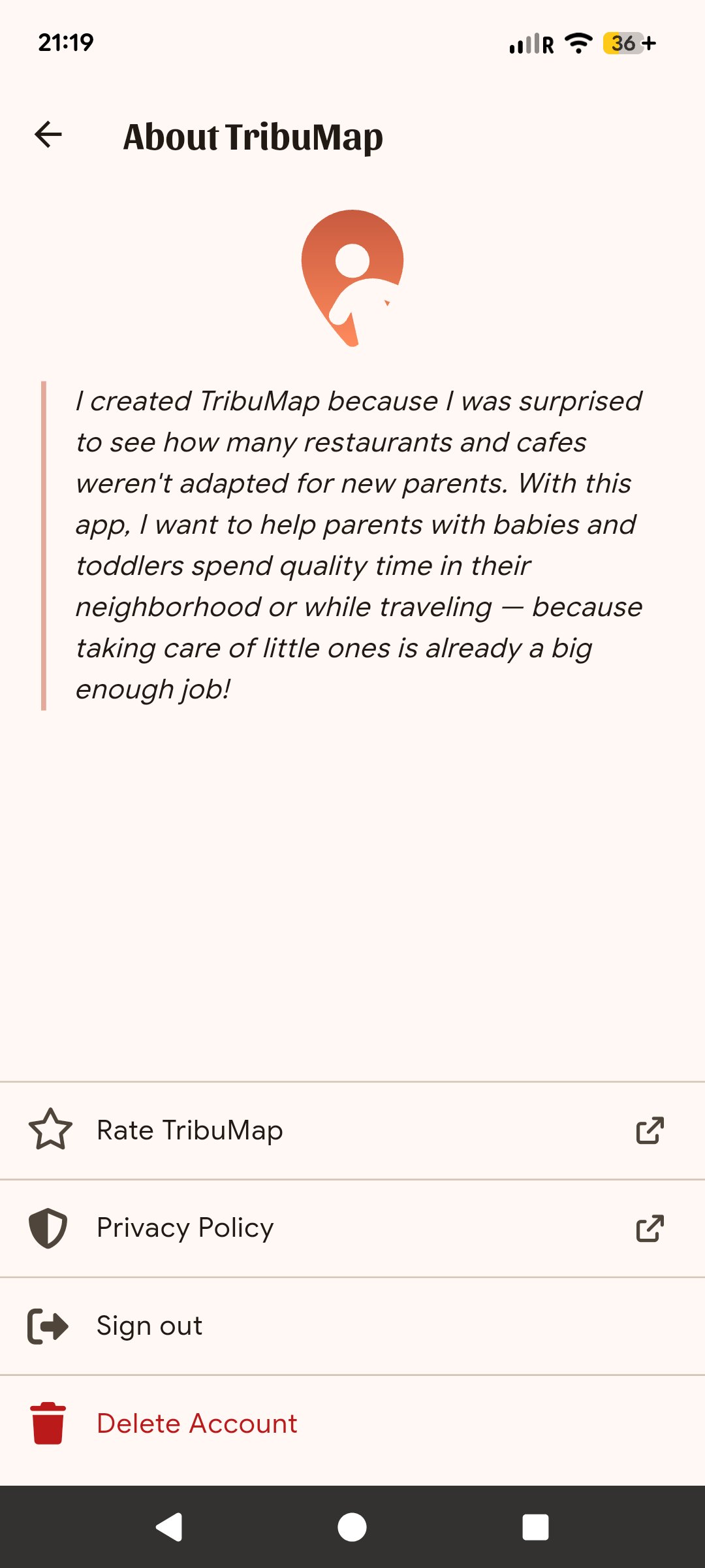 TribuMap settings screen — tap Delete Account at the bottom